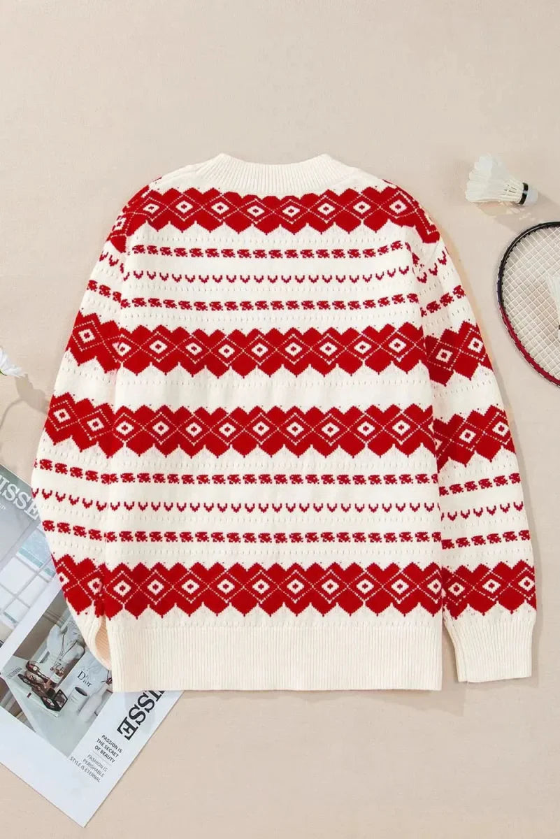 Geometric Round Neck Dropped Shoulder Sweater