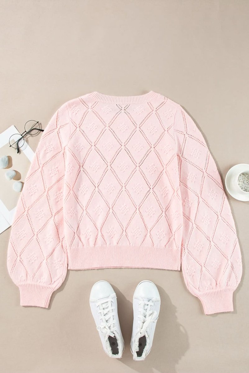 Gossamer Pink Plaid Puff Sleeve Cropped Sweater with Openwork Detail