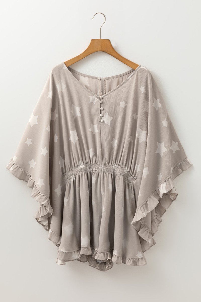 Gray Star Print Crinkle Textured Kimono Ruffle Sleeve Romper