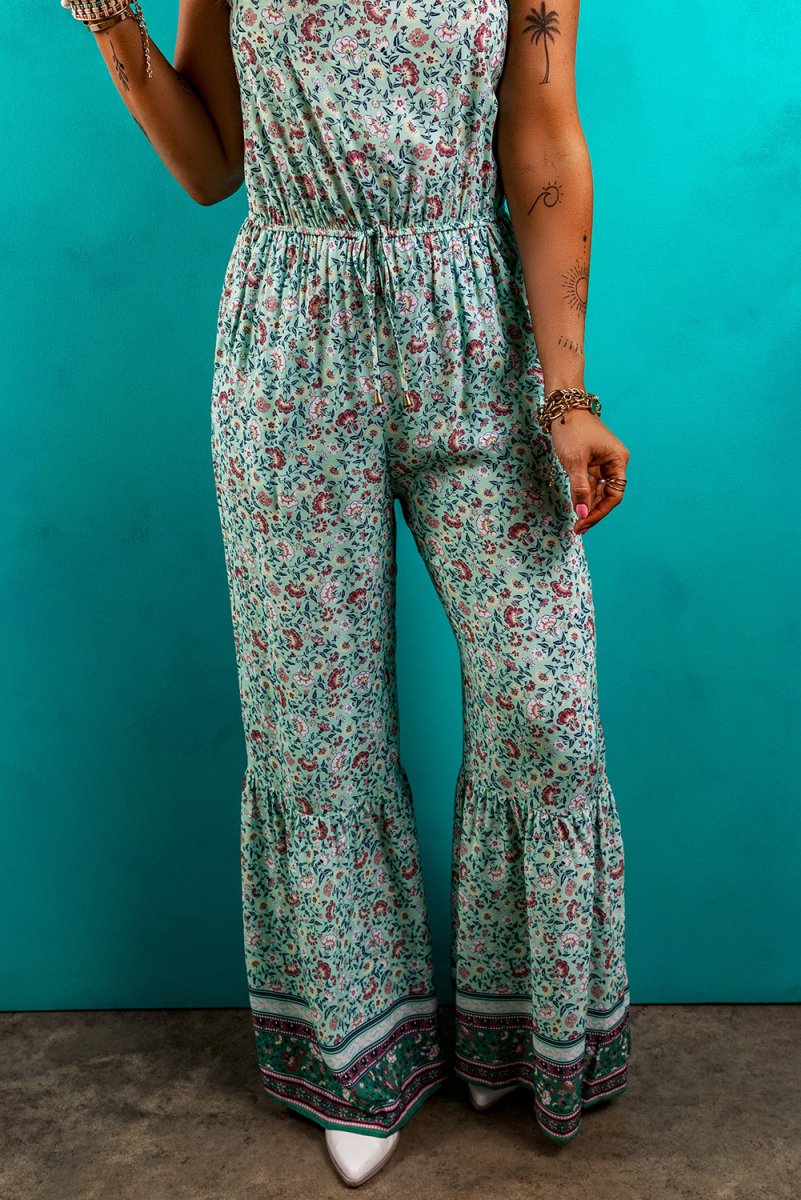Green Bohemian Floral Ruffle Bottom Spaghetti Strap Jumpsuit