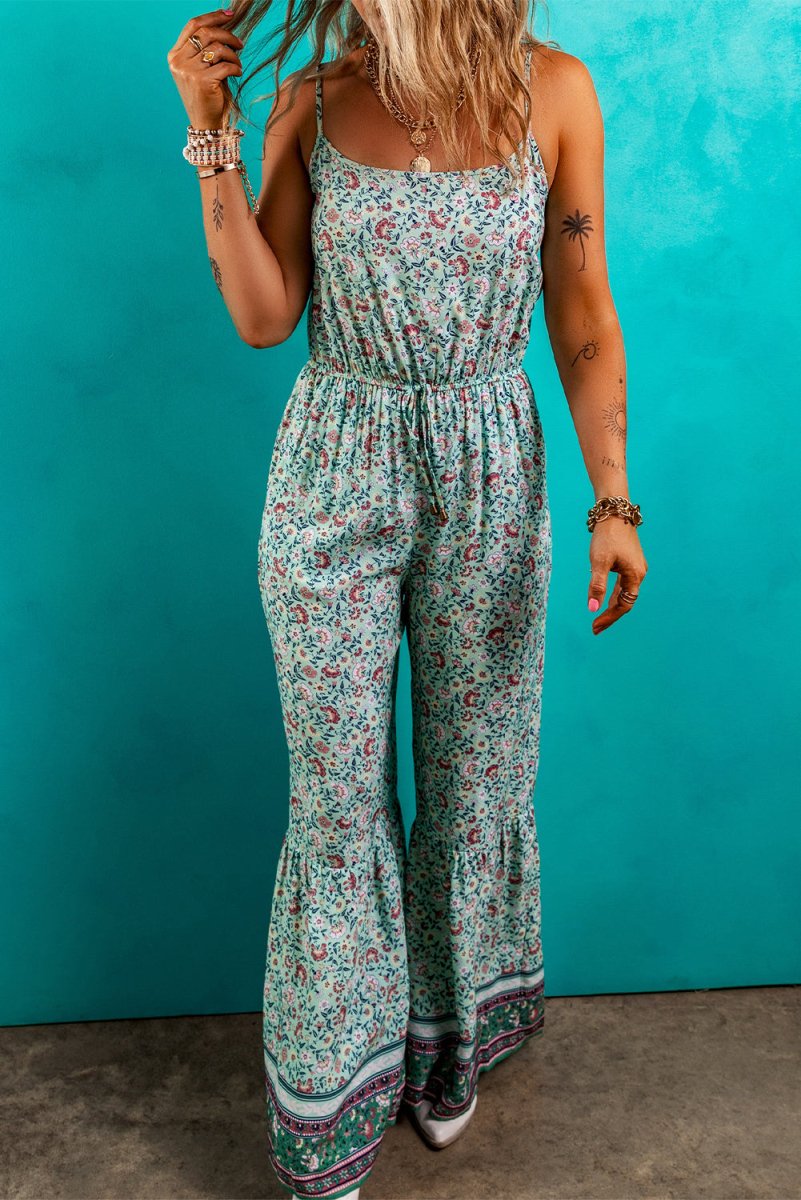 Green Bohemian Floral Ruffle Bottom Spaghetti Strap Jumpsuit
