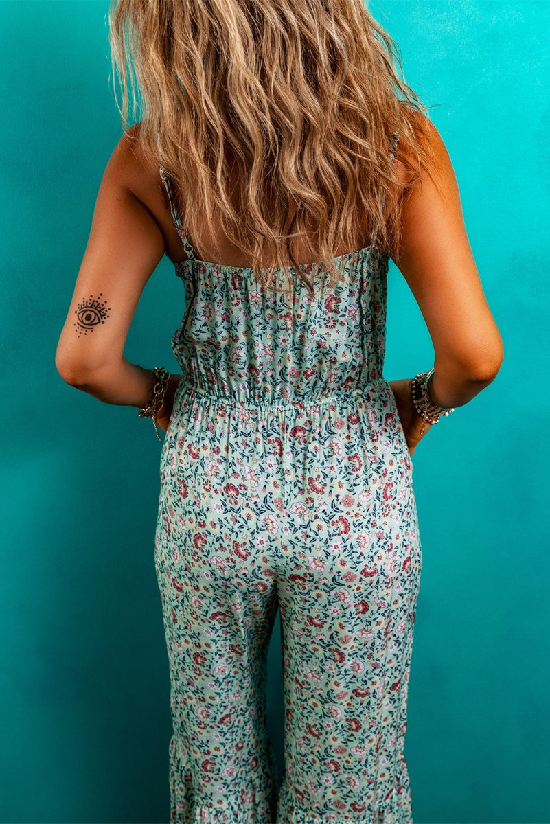 Green Bohemian Floral Ruffle Bottom Spaghetti Strap Jumpsuit