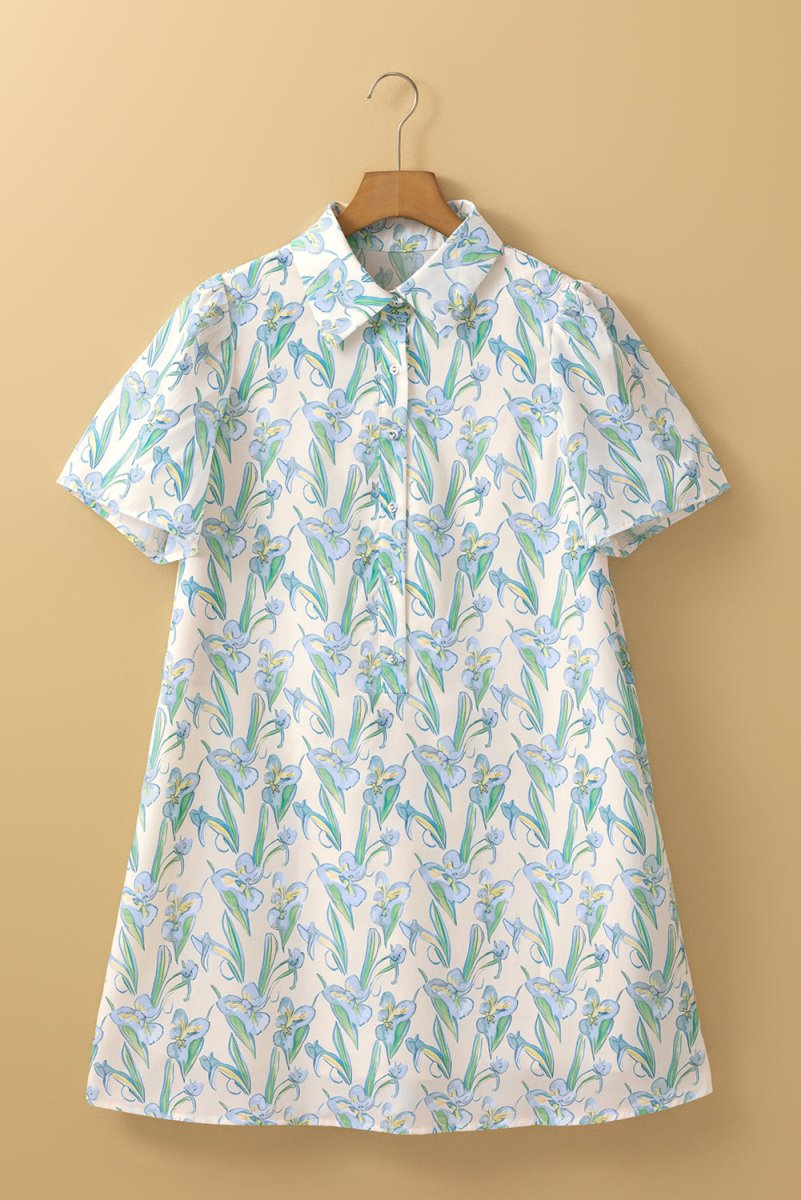 Green Floral Print Shirt Collar Buttoned Short Sleeve Shift Dress