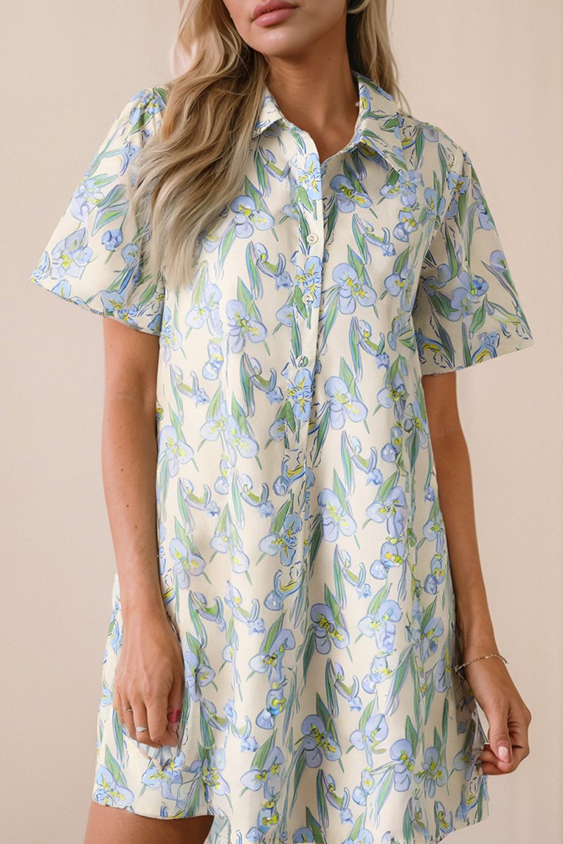 Green Floral Print Shirt Collar Buttoned Short Sleeve Shift Dress