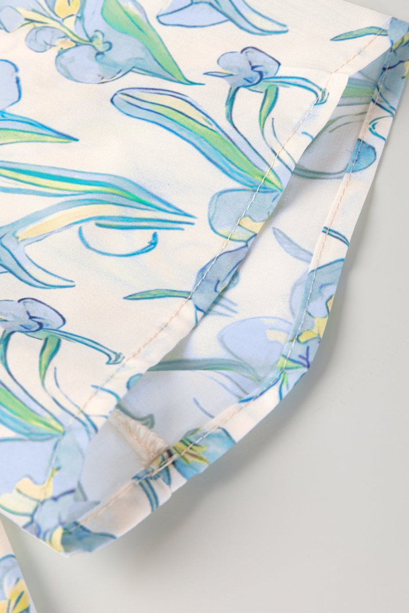 Green Floral Print Shirt Collar Buttoned Short Sleeve Shift Dress