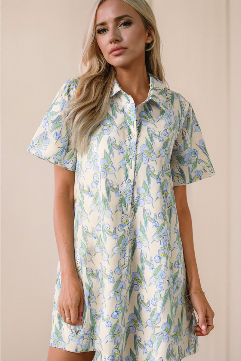 Green Floral Print Shirt Collar Buttoned Short Sleeve Shift Dress