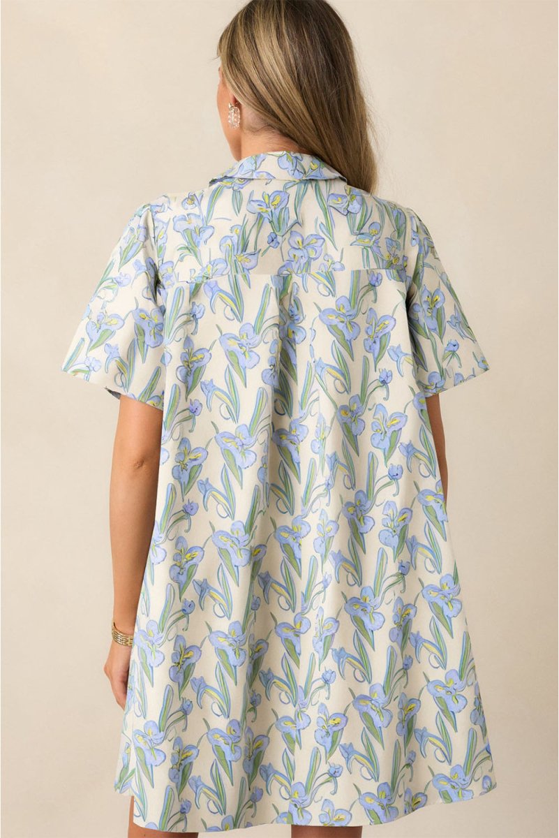 Green Floral Print Shirt Collar Buttoned Short Sleeve Shift Dress