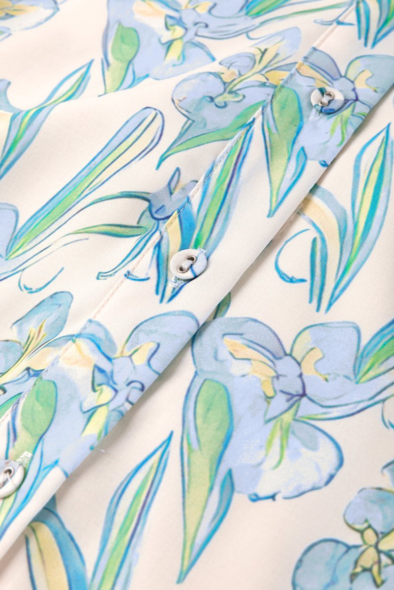 Green Floral Print Shirt Collar Buttoned Short Sleeve Shift Dress