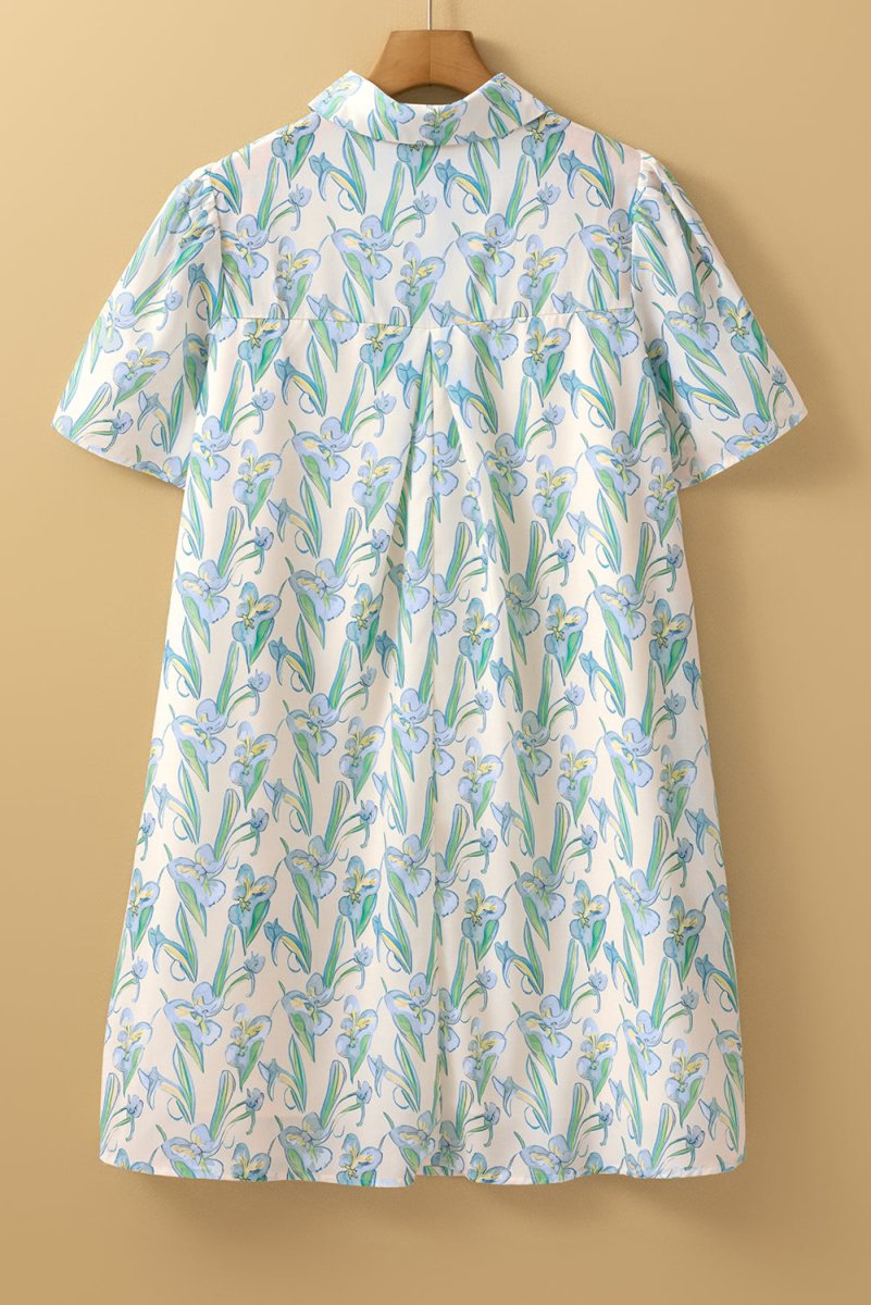 Green Floral Print Shirt Collar Buttoned Short Sleeve Shift Dress