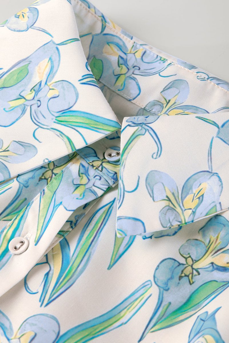 Green Floral Print Shirt Collar Buttoned Short Sleeve Shift Dress