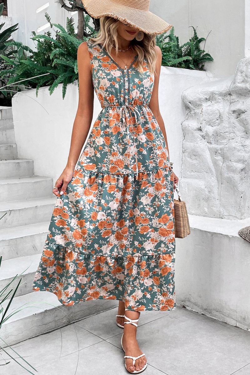 Green Floral Print Trimmed V Neck Tie Waist Sleeveless Dress