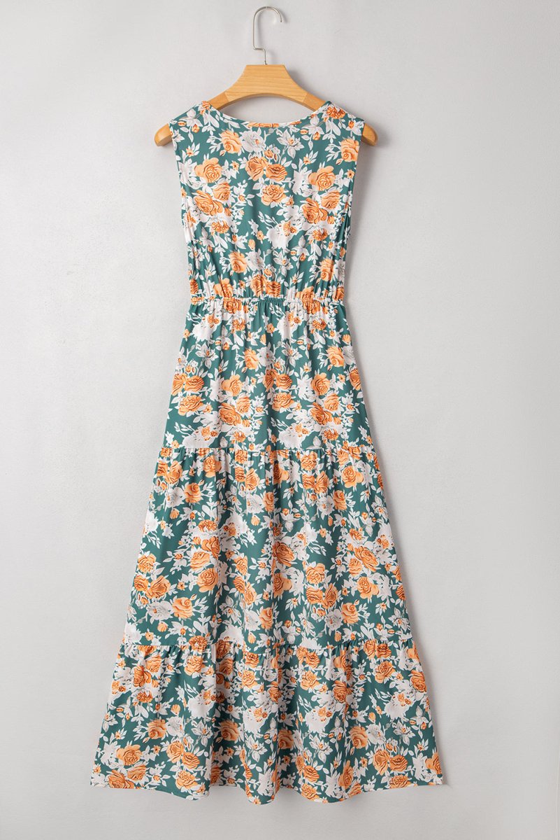 Green Floral Print Trimmed V Neck Tie Waist Sleeveless Dress