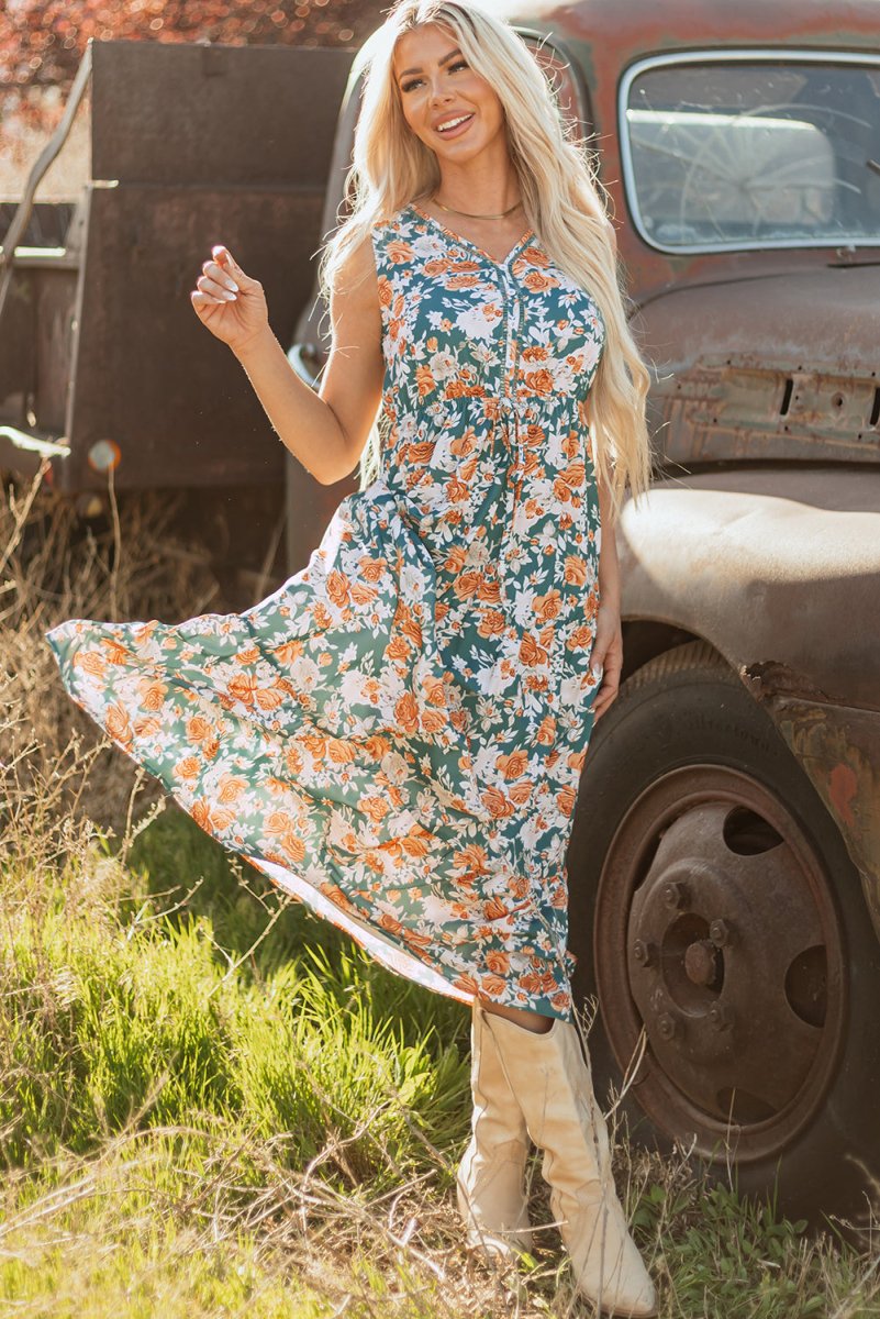 Green Floral Print Trimmed V Neck Tie Waist Sleeveless Dress