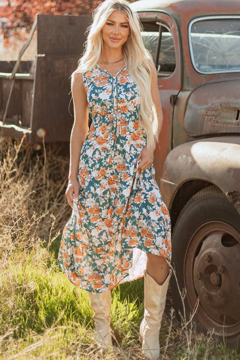 Green Floral Print Trimmed V Neck Tie Waist Sleeveless Dress