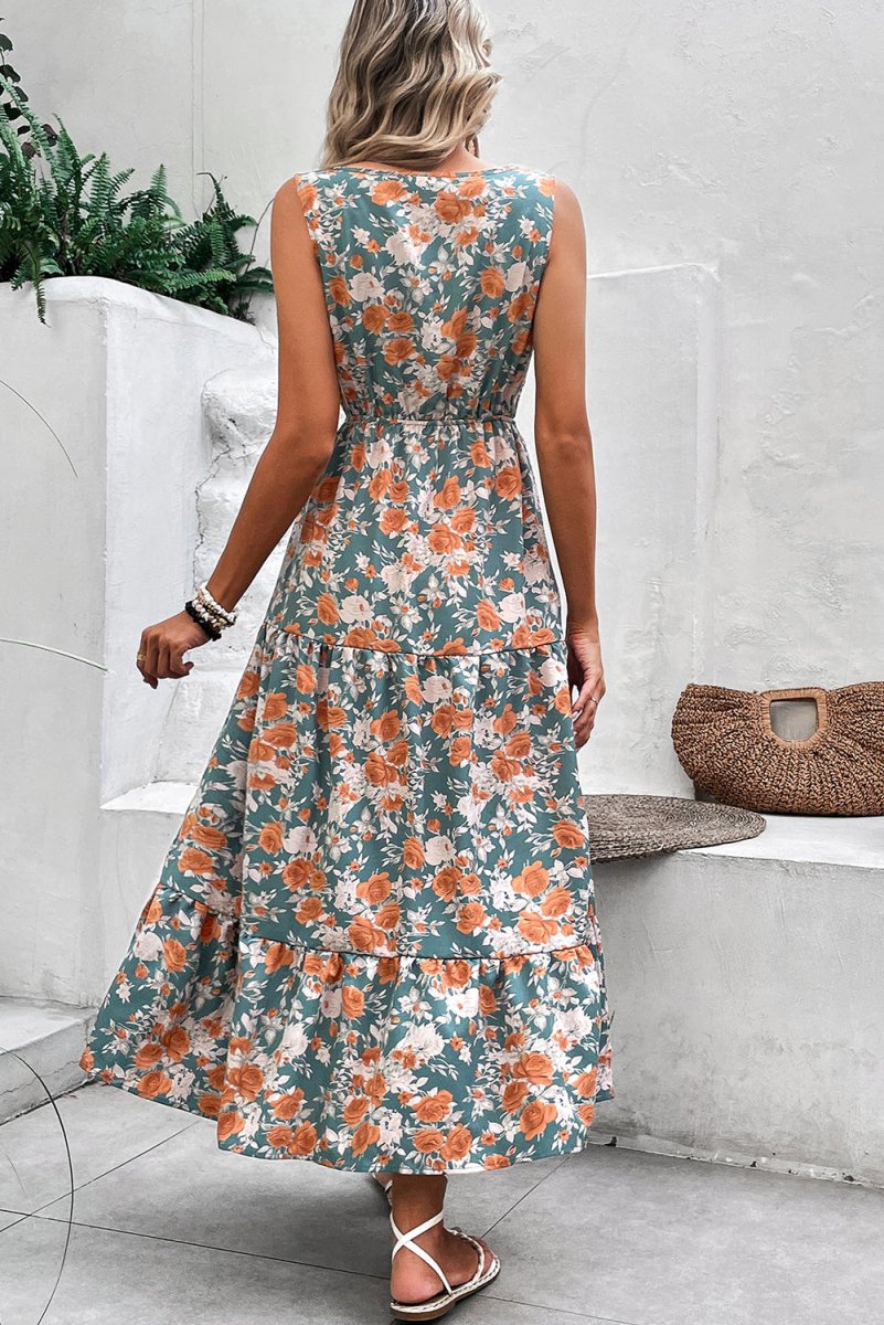 Green Floral Print Trimmed V Neck Tie Waist Sleeveless Dress