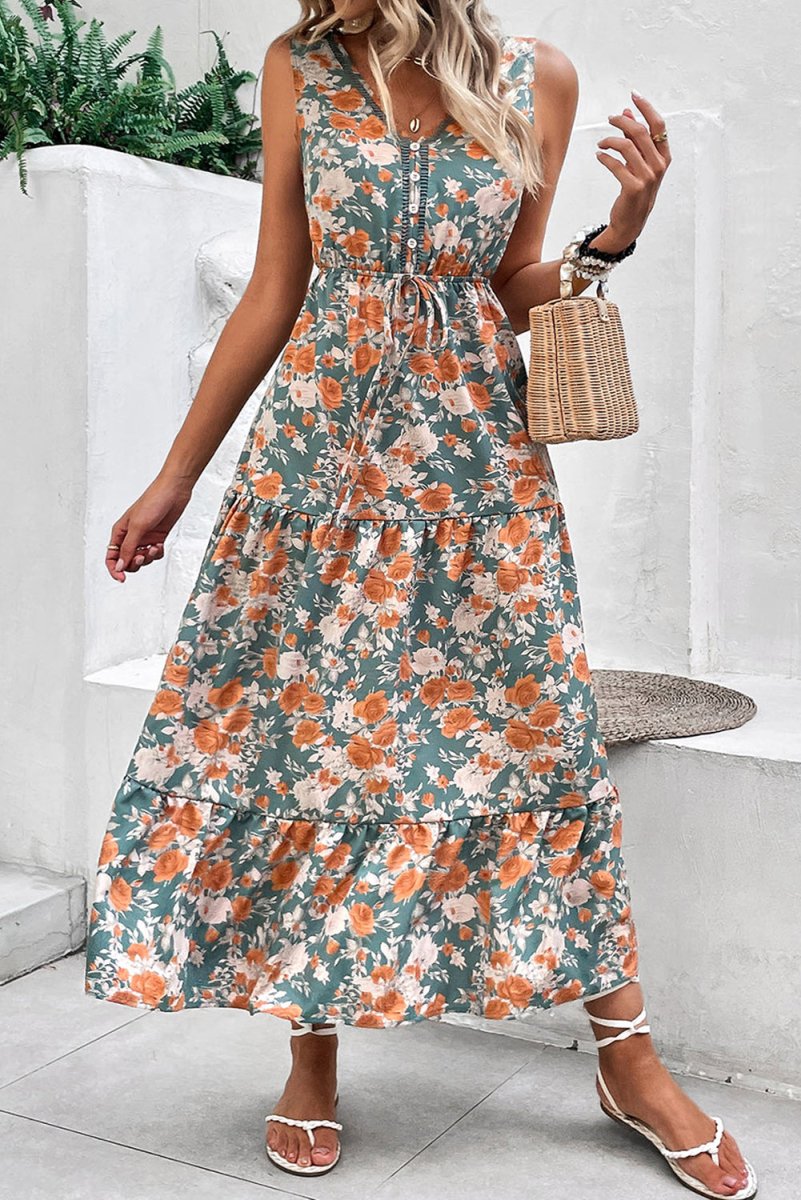 Green Floral Print Trimmed V Neck Tie Waist Sleeveless Dress