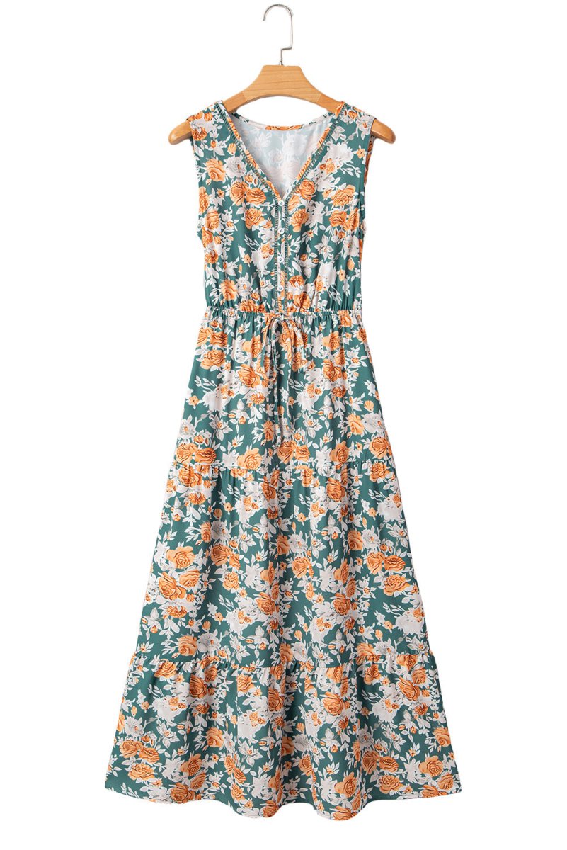 Green Floral Print Trimmed V Neck Tie Waist Sleeveless Dress