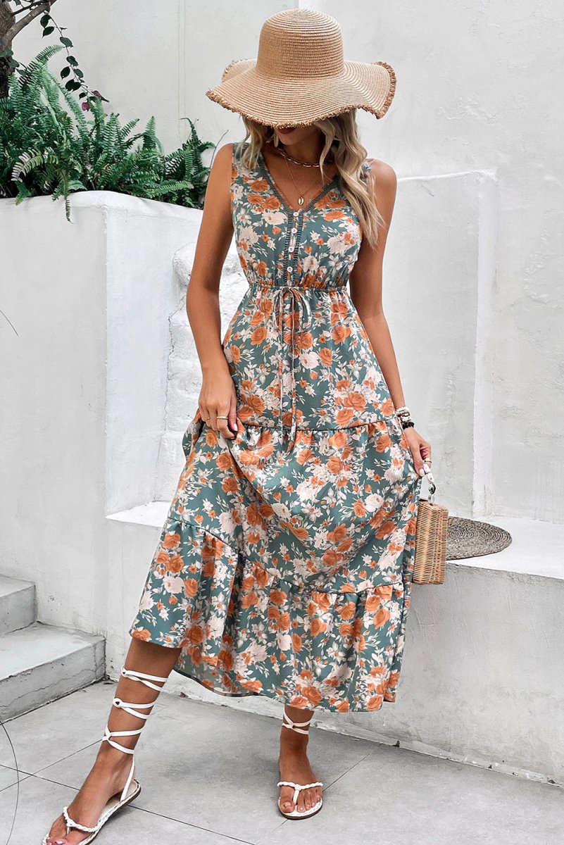 Green Floral Print Trimmed V Neck Tie Waist Sleeveless Dress