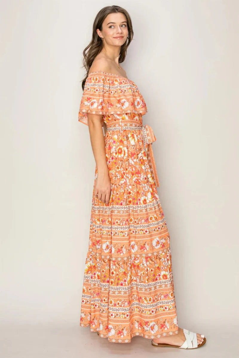 HYFVE Floral Off-Shoulder Tie Front Maxi Dress for Women