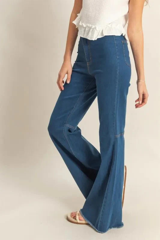 HYFVE Raw Hem High-Waist Washed Flared Jeans for Women