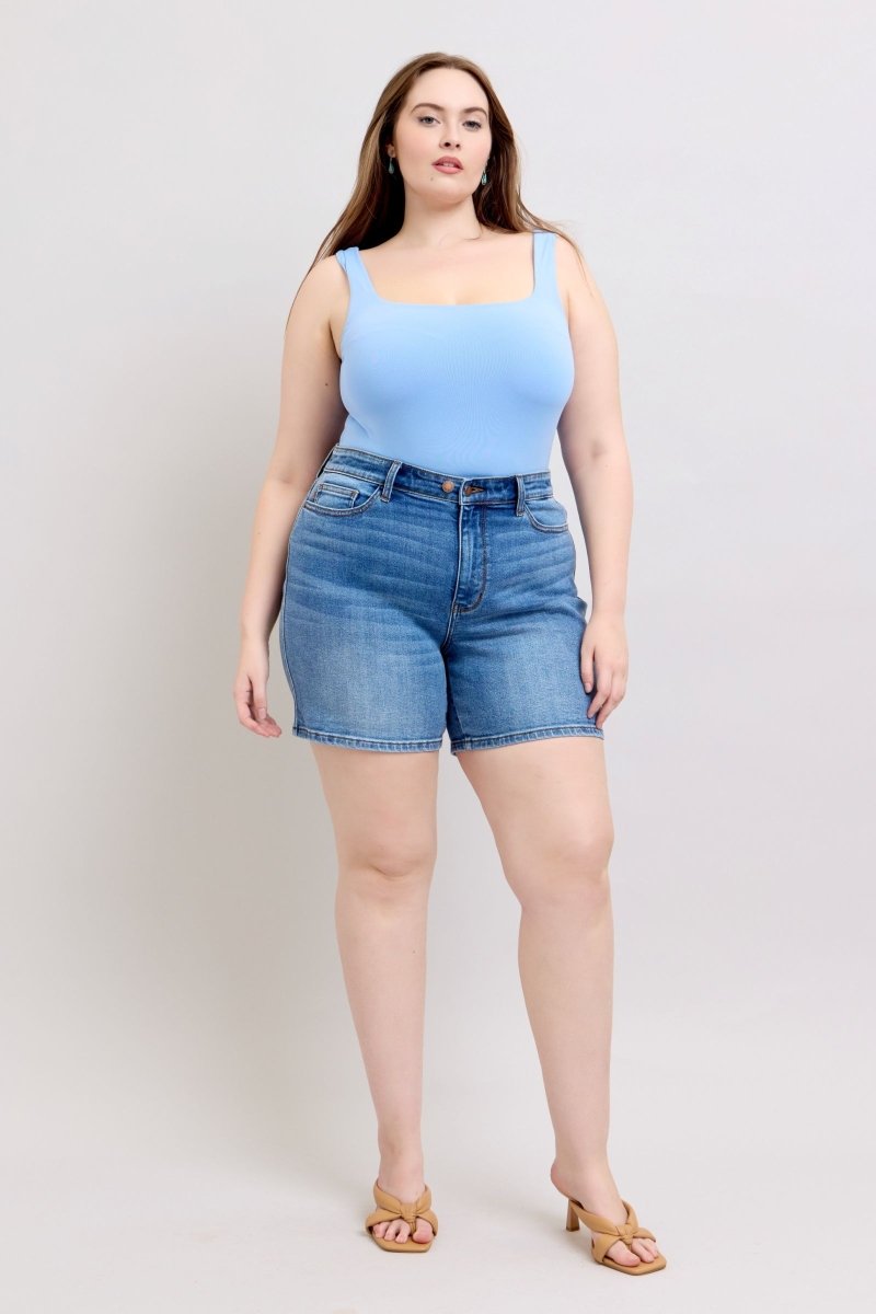 Premium Judy Blue Full Size 2 Button Denim Shorts with Pockets Plus Size