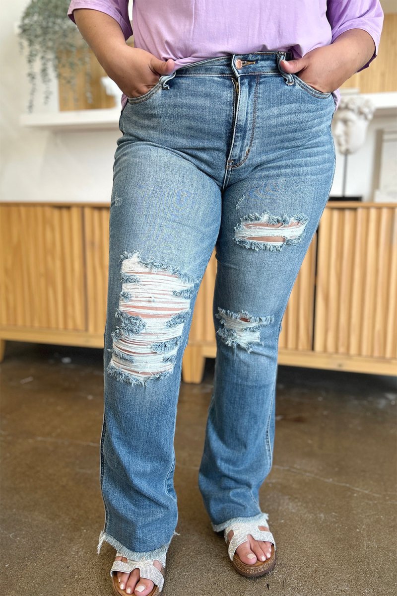 Premium Judy Blue Full Size Distressed Raw Hem Bootcut Jeans