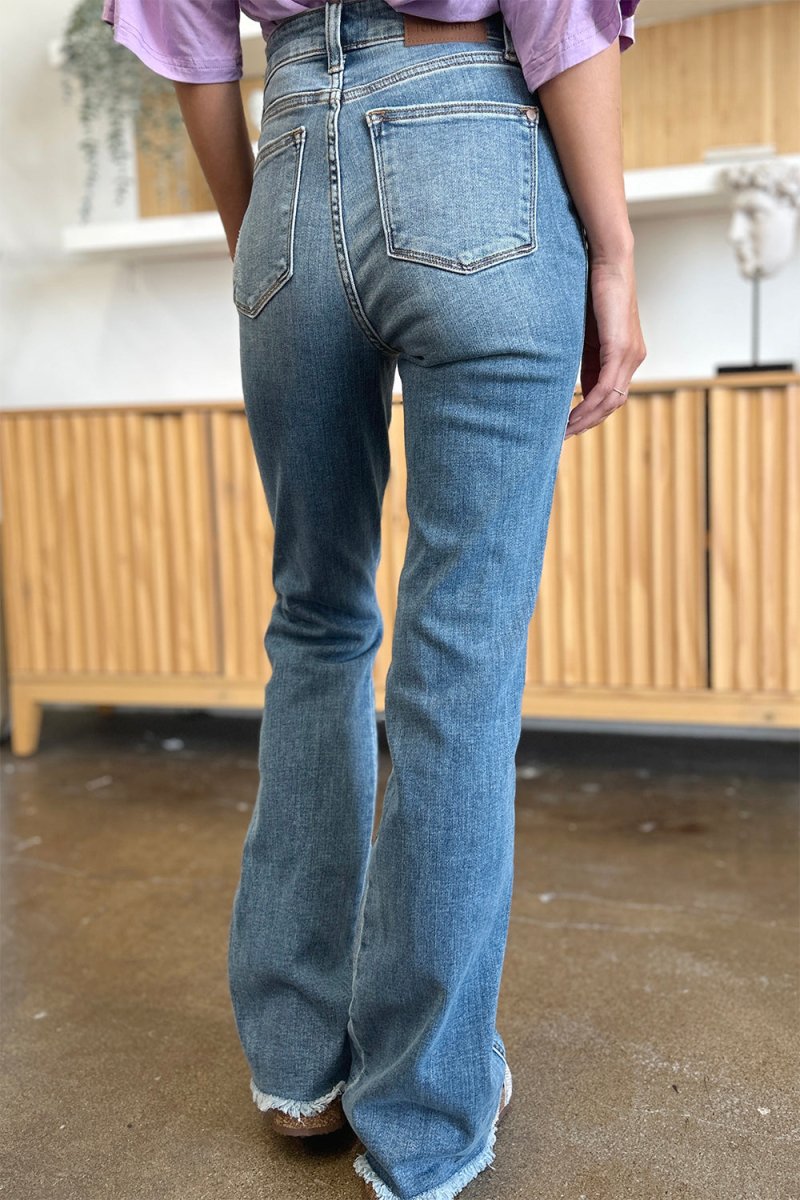 Premium Judy Blue Full Size Distressed Raw Hem Bootcut Jeans