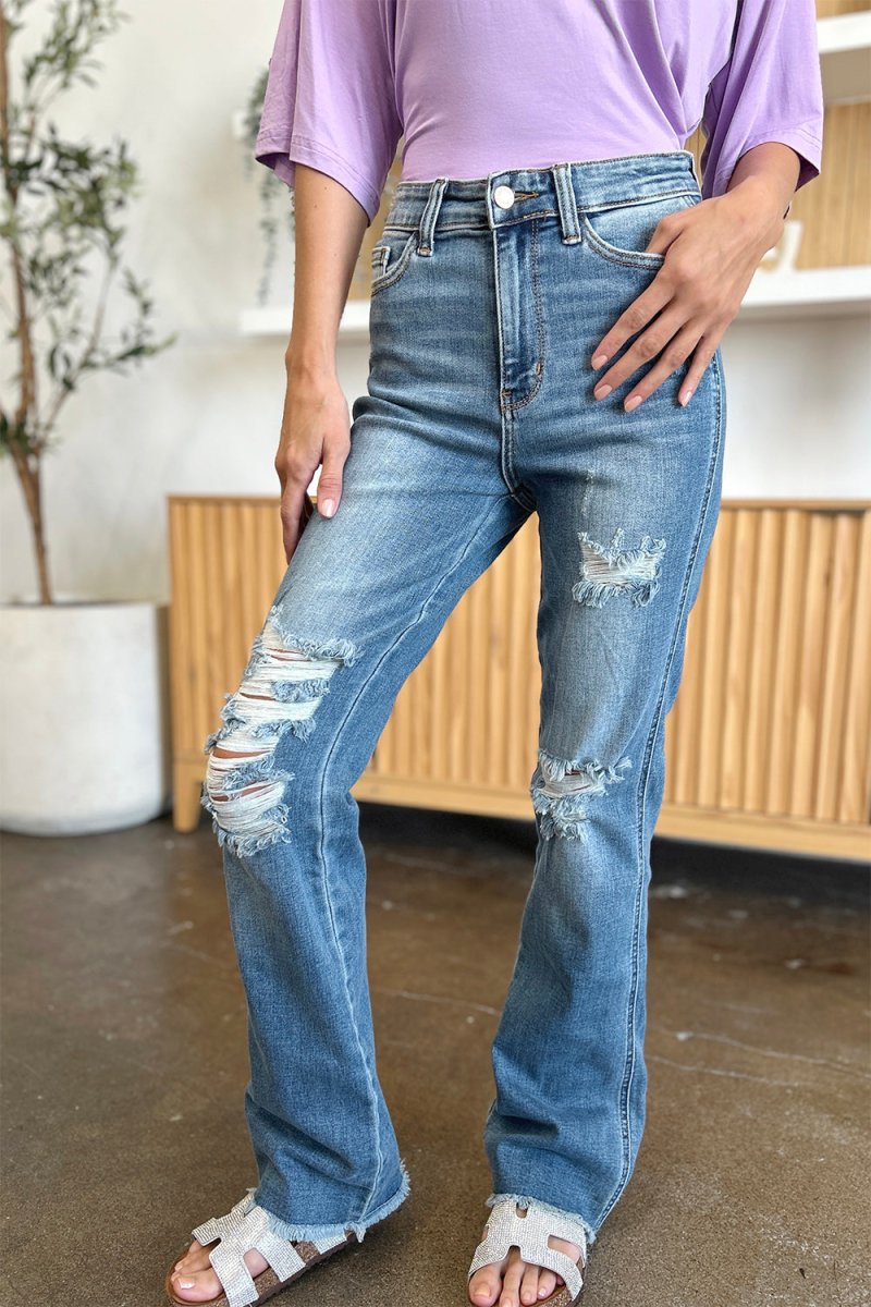 Premium Judy Blue Full Size Distressed Raw Hem Bootcut Jeans