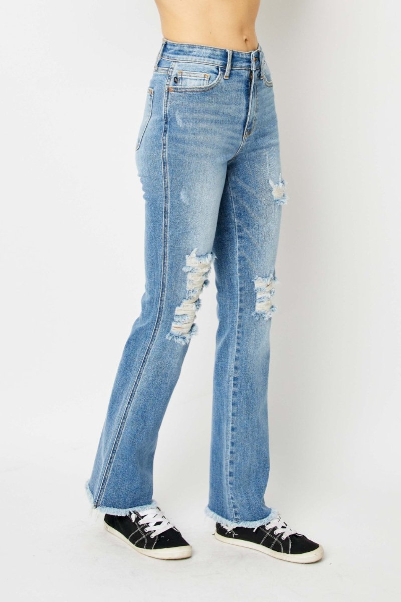 Premium Judy Blue Full Size Distressed Raw Hem Bootcut Jeans
