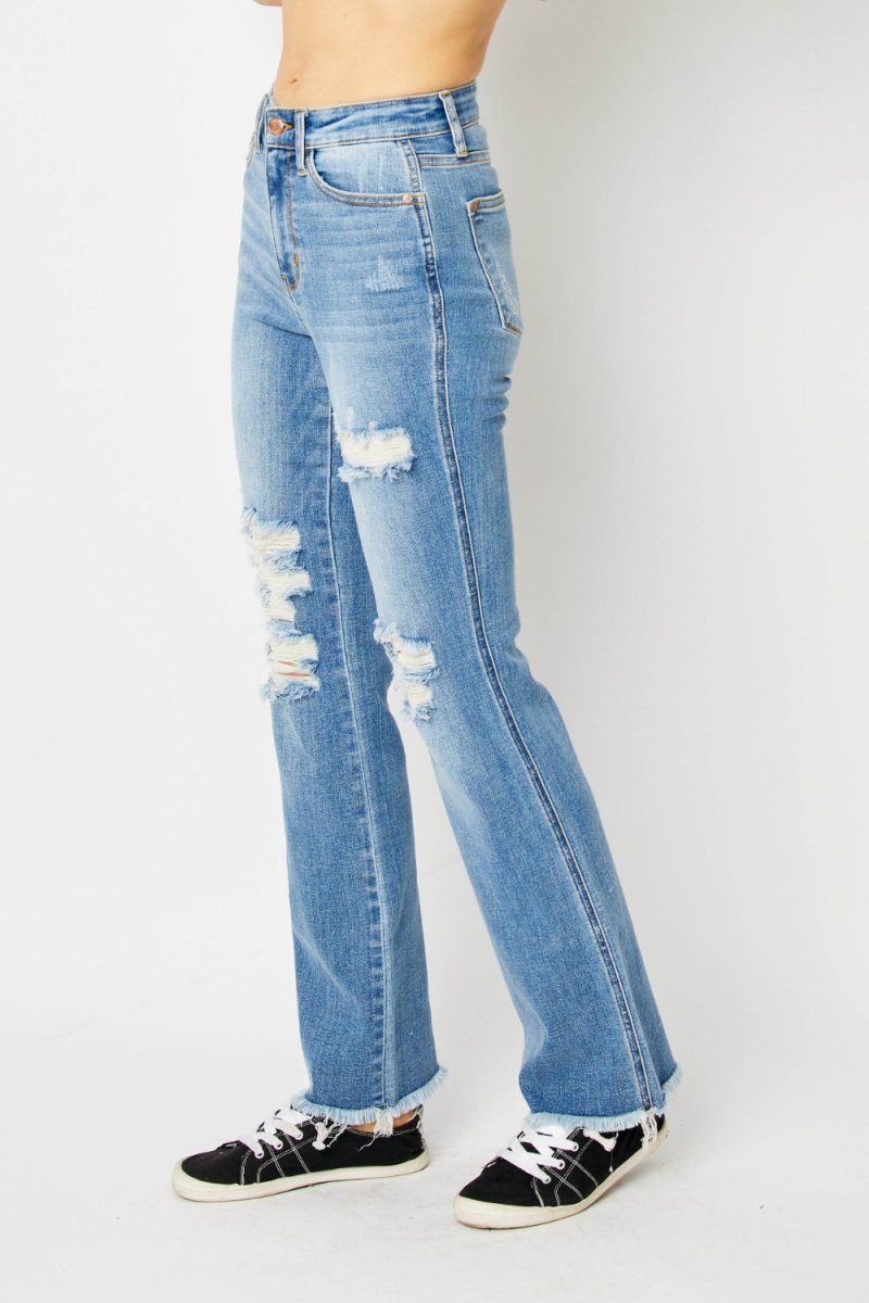 Premium Judy Blue Full Size Distressed Raw Hem Bootcut Jeans