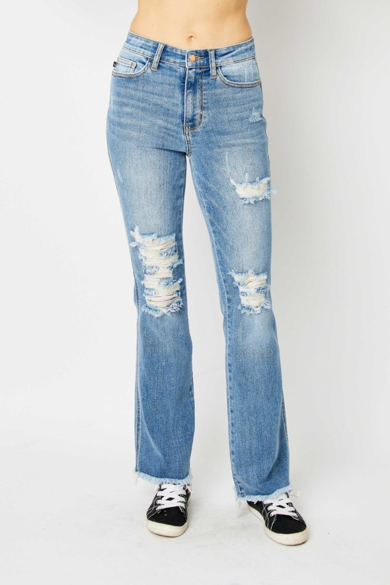 Premium Judy Blue Full Size Distressed Raw Hem Bootcut Jeans