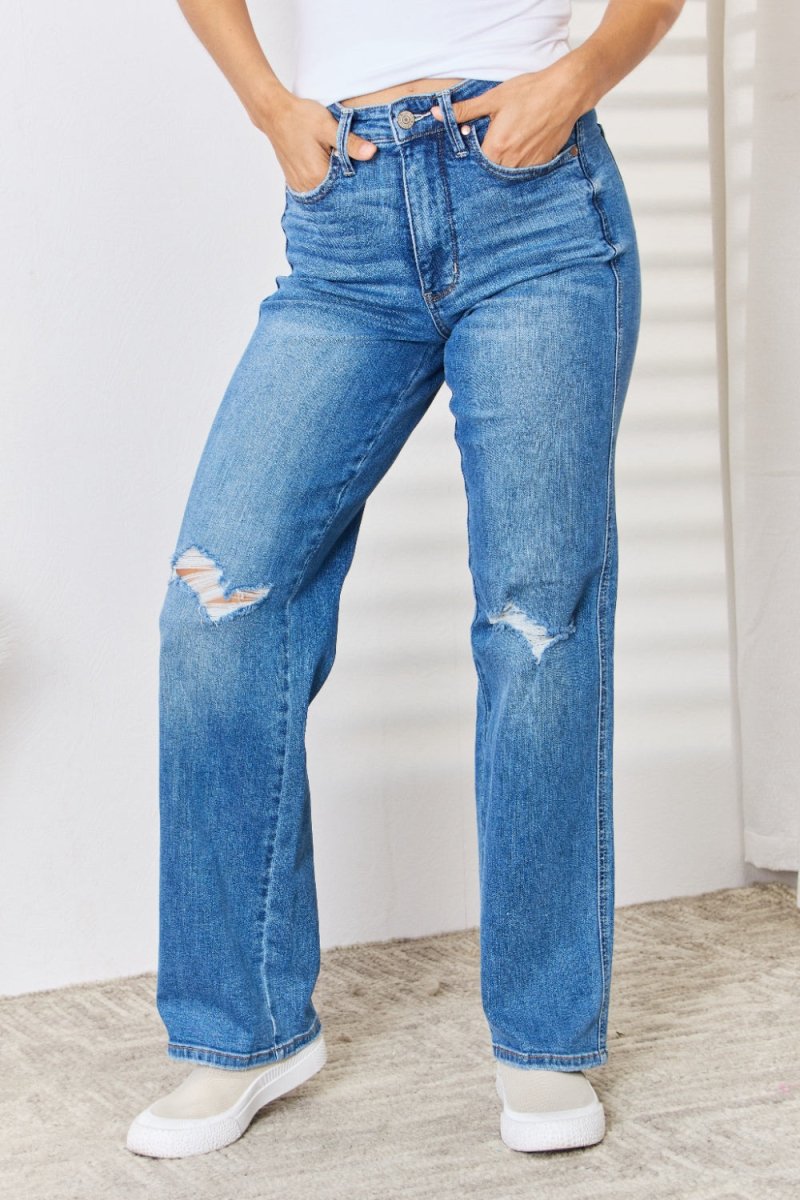 Premium Judy Blue Full Size High Waist Distressed Straight-Leg Jeans