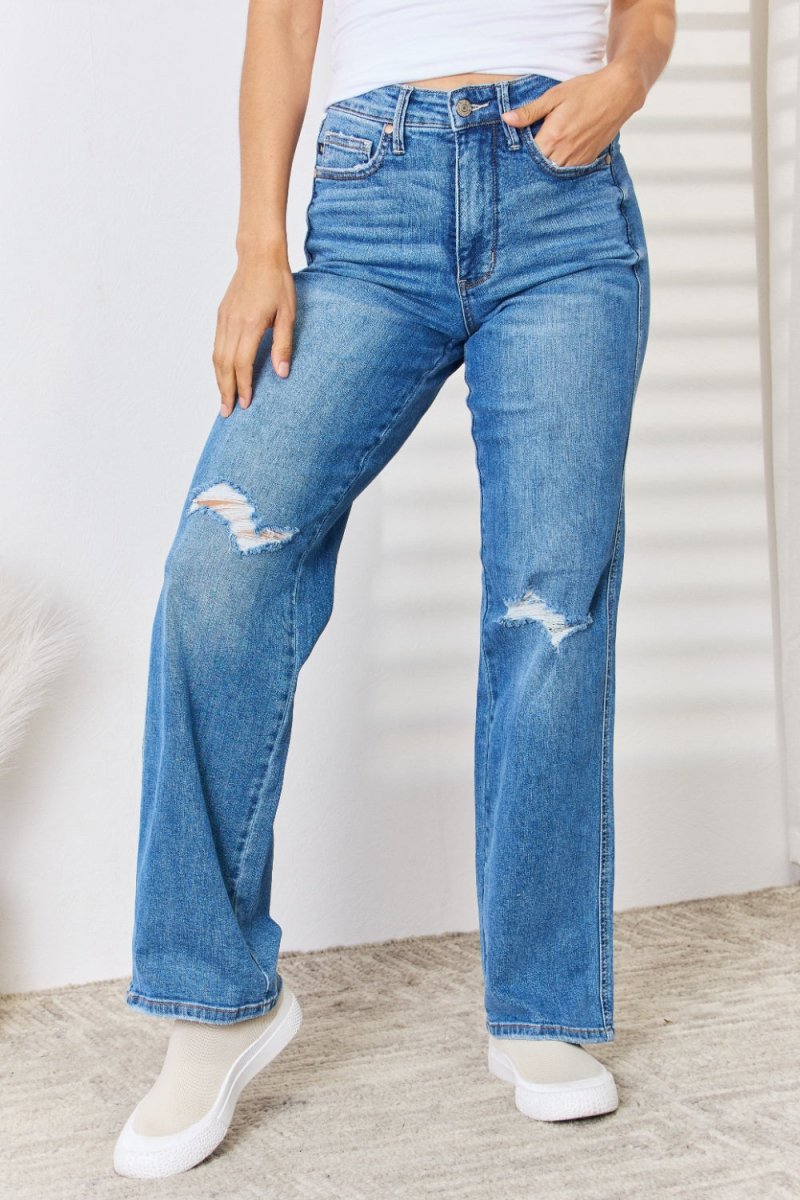 Premium Judy Blue Full Size High Waist Distressed Straight-Leg Jeans