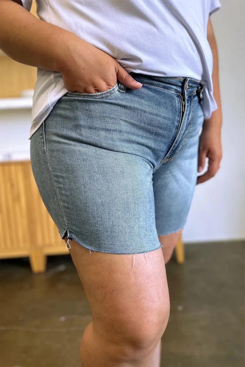 Judy Blue Full Size High Waist Raw Hem Denim Shorts for Summer
