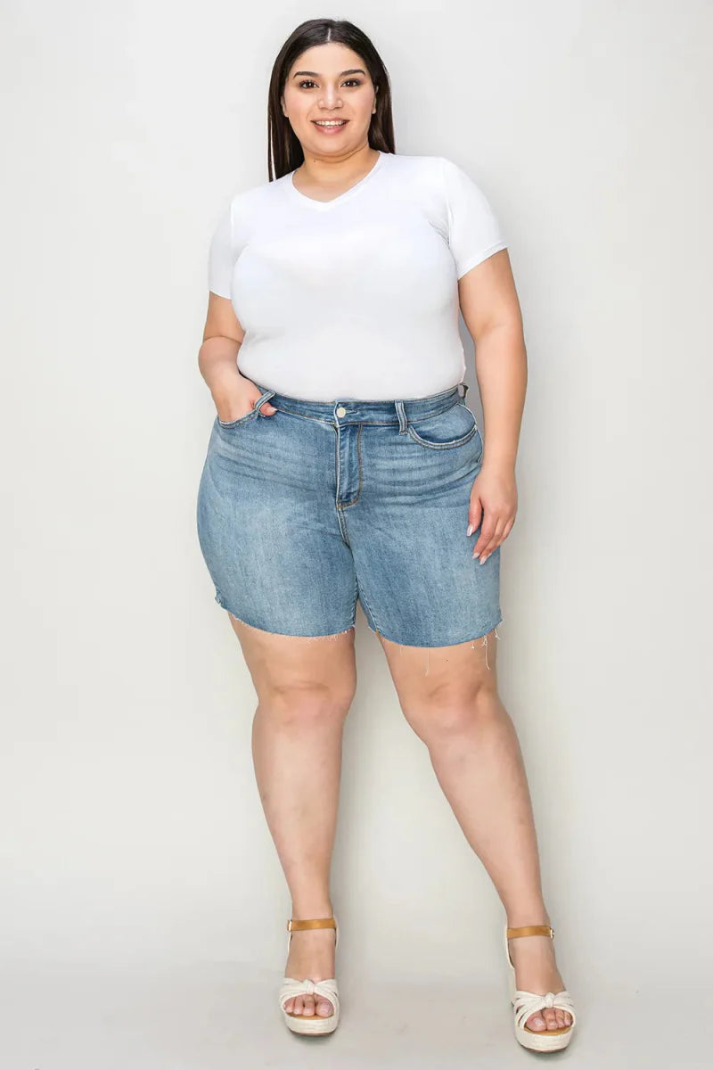 Judy Blue Full Size High Waist Raw Hem Denim Shorts for Summer