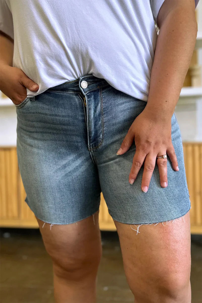 Judy Blue Full Size High Waist Raw Hem Denim Shorts for Summer