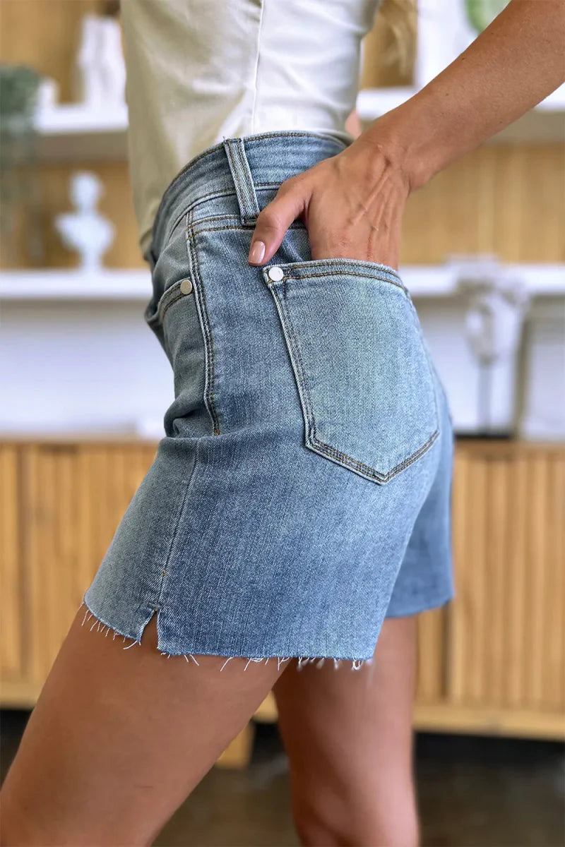 Judy Blue Full Size High Waist Raw Hem Denim Shorts for Summer