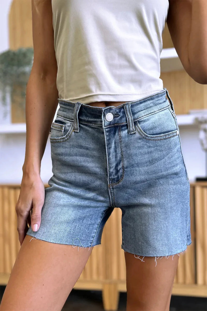 Judy Blue Full Size High Waist Raw Hem Denim Shorts for Summer