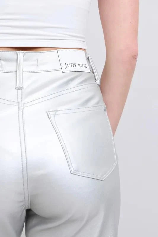 Judy Blue Full Size High Waist Silver Faux Leather Pants Plus Size