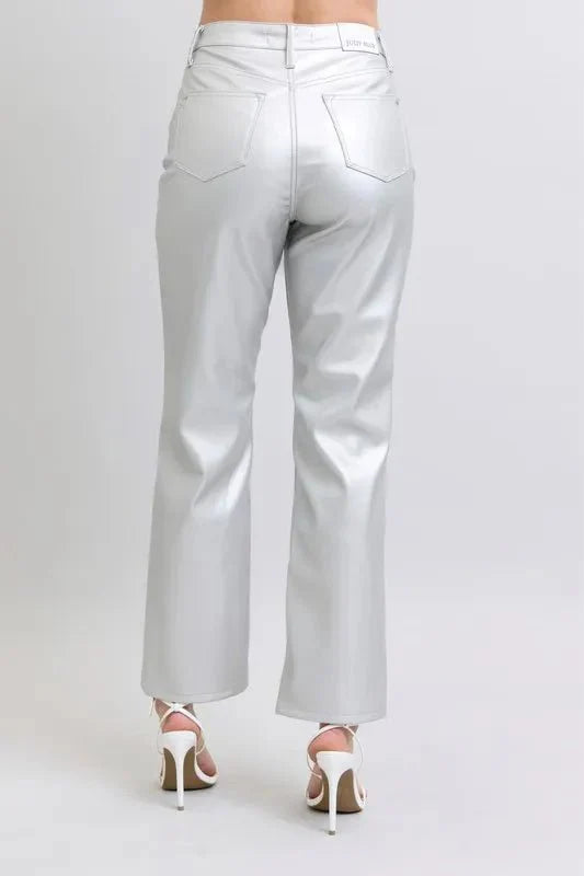 Judy Blue Full Size High Waist Silver Faux Leather Pants Plus Size