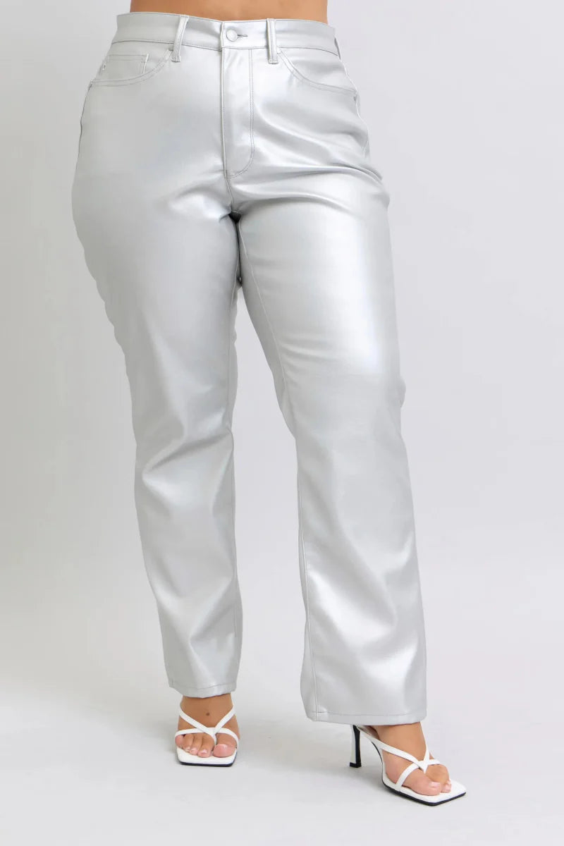 Judy Blue Full Size High Waist Silver Faux Leather Pants Plus Size