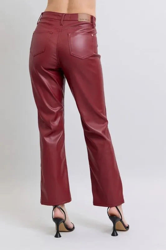 Judy Blue Full Size High Waist Tummy Control Faux Leather Straight Pants Plus Size