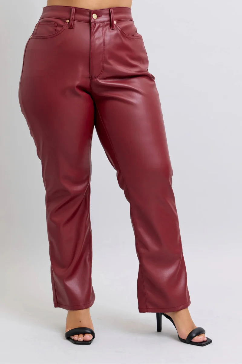 Judy Blue Full Size High Waist Tummy Control Faux Leather Straight Pants Plus Size
