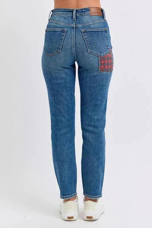 Judy Blue Full Size HW Plaid Patch Slim Fit Jeans Plus Size