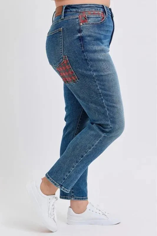 Judy Blue Full Size HW Plaid Patch Slim Fit Jeans Plus Size