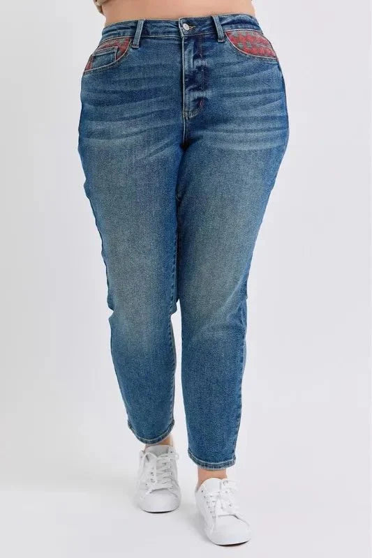 Judy Blue Full Size HW Plaid Patch Slim Fit Jeans Plus Size