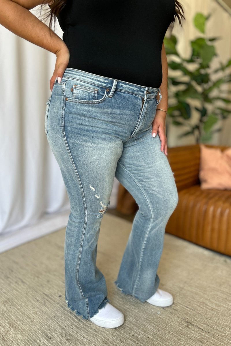 Premium Judy Blue Full Size Medium Rise Tummy Control Destroy Flare Jeans