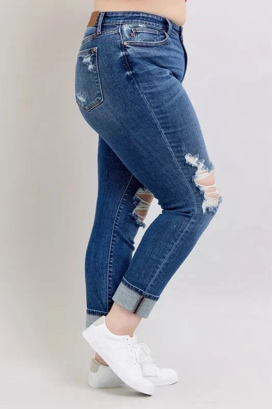 Judy Blue Full Size Mid Rise Boyfriend Destroy Jeans Plus Size