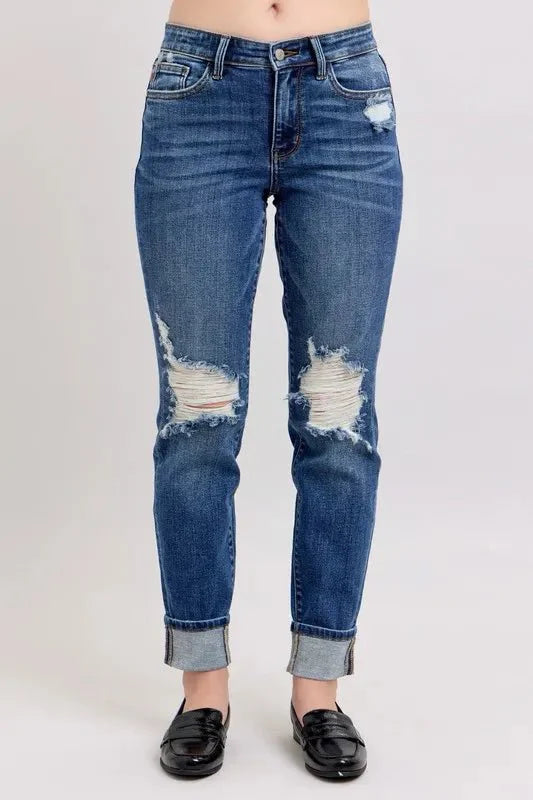 Judy Blue Full Size Mid Rise Boyfriend Destroy Jeans Plus Size