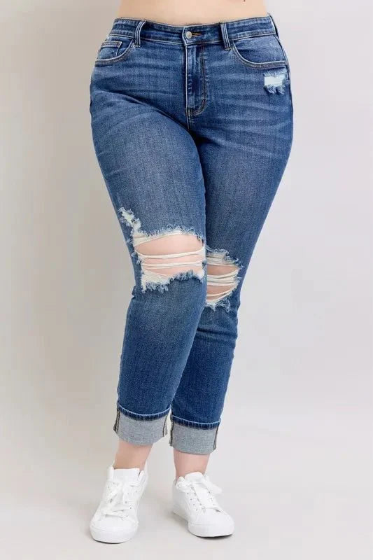 Judy Blue Full Size Mid Rise Boyfriend Destroy Jeans Plus Size